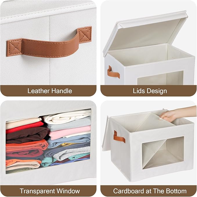 Univivi Fabric Storage Bins with Lids for Clothes 3 Pack, Beige | 17 x 12 x 12 In Foldable Storage Boxes with Handles, Clear Window, Closet Organizers for Home, Bedroom