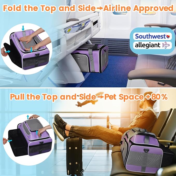Top and Side Expandable Pet Carrier Airline Approved, Purple | 19"L x 13"W x 9"H, for Southwest Allegiant Airlines, Lockable Safety Zippers and Anti-Scratch Mesh, Pets Under 12 lbs