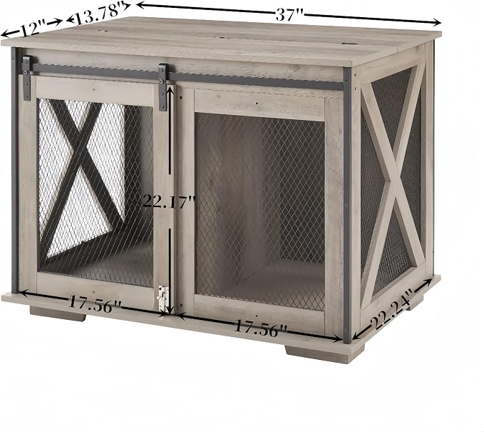 28" H Farmhouse Style Wooden Dog Crate with Sliding Barn Door - Functional End Table Dog Kennel for Small, Medium and Large Dogs, Featuring Flip-top Plate and Detachable Divider (Gray wash)