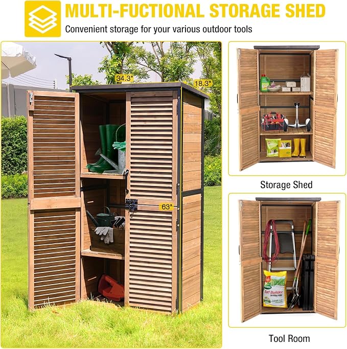 Aivituvin Outdoor Storage Shed with Adjustable Shelves and Floor, Garden Sheds with Iron Frame and Wooden Frame, Outdoor Tool Cabinets with Inclined Weatherproof Roof