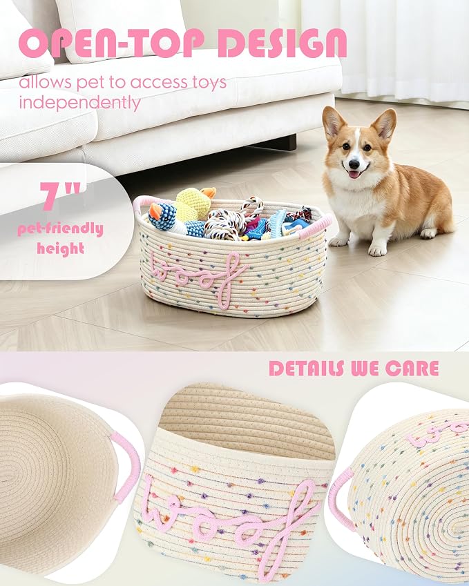 Sea Team Dog Toy Storage Basket with Handles, Rainbow Woof | Large Cotton Rope Storage Bin, Shelf Basket, Organizer for Pet Chew Toys, Foods, 16.5 x 11 x 7 Inches, 4.4 Gallons