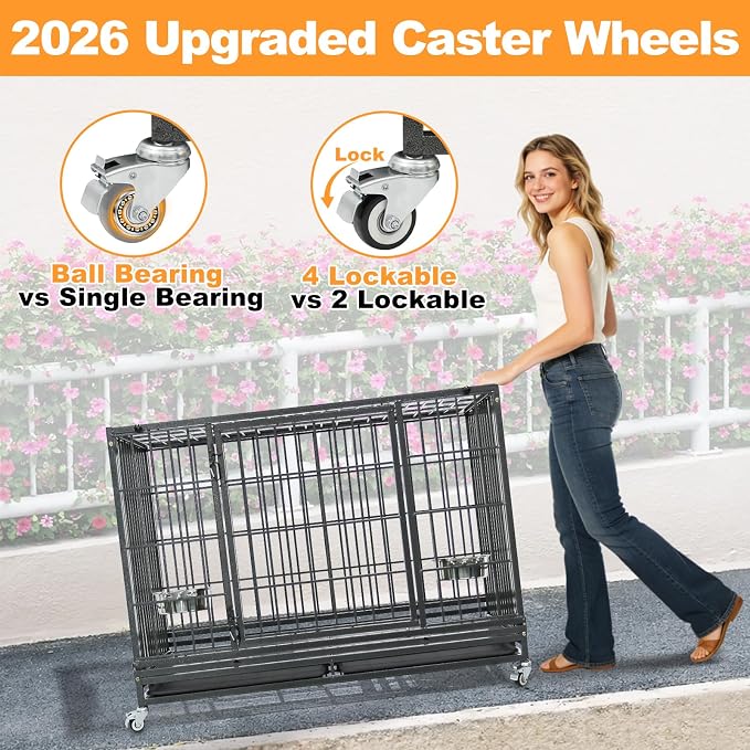 Homey Pet Two Tiers Heavy Duty Dog Crates for Large Dogs, 8 Pack | 47 Inch Stackable Large Dog Crate Cage with 4 Wheels, 2 Removable Trays and Grids, Multi Locks Strong & Solid Escape Proof