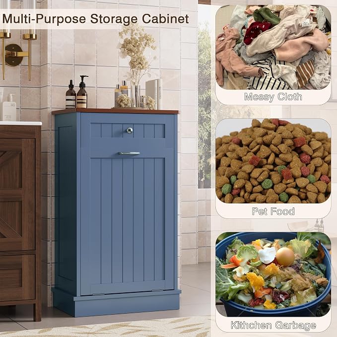 KIGOTY Tilt Out Trash Can Cabinet, Laundry Hamper Cabinet, Haze Blue