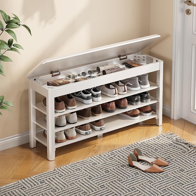 IUNVR Shoe Rack Bench Seat Rubberwood 3-Tier Wooden Storage Bench 550lbs Compact Mid-Century Modern Design for Entryway, Hallway, Closet, Front Door Entrance, Foyer