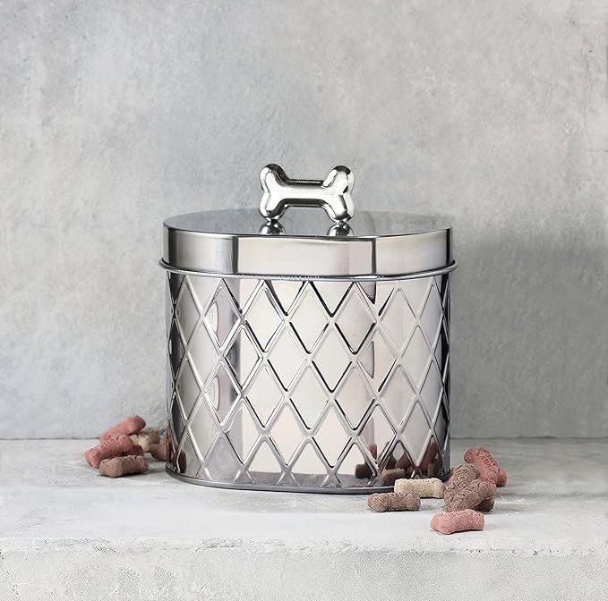 Amici Pet, , Chance Oval Metal Treats Storage Canister, Stainless Steel Diamond Texture, Silver Tone Bone Knob, Food Safe, 52 Ounces | Pet Treat Canister, Diamond-Textured Stainless Steel, Silver Bone Knob Lid, Food-Safe, Compact Countertop Design