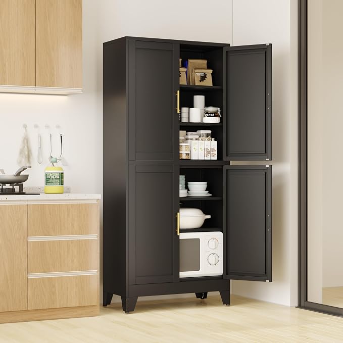 75" Tall Kitchen Pantry Cabinet, Black Metal Pantry Storage | Storage Cabinet with Doors and 3 Adjustable Shelves, Steel Storage, Bathroom cabinets Organizer, Cupboard for Home, Office