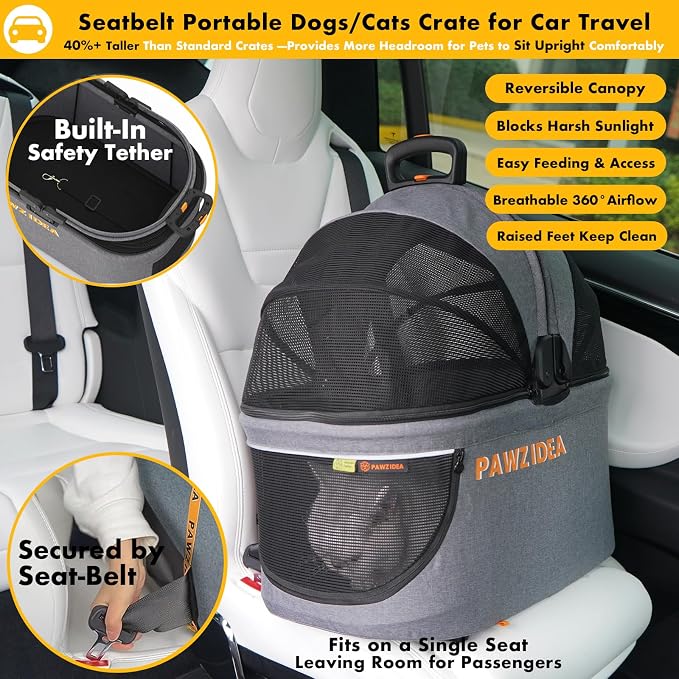 PAWZIDEA Pet Stroller 4-in-1, Foldable Cat Stroller with Detachable Carrier | Escape-Proof No-Zip Canopy, Portable Travel Crate & Car Seat Combo, for Small to Medium Dogs & Cats up 33 lbs, Storage Basket