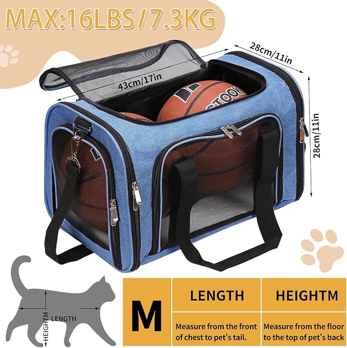 Soft-Sided Cat/Dog/Pet Carrier, Collapsible Pets Travel Carriers | for Big Cats/Small Dogs with Shoulder Strap & Removable Mat, Mesh Puppy Carry Bag, Up to 16 Lbs, TSA Airline Approved(Blue)