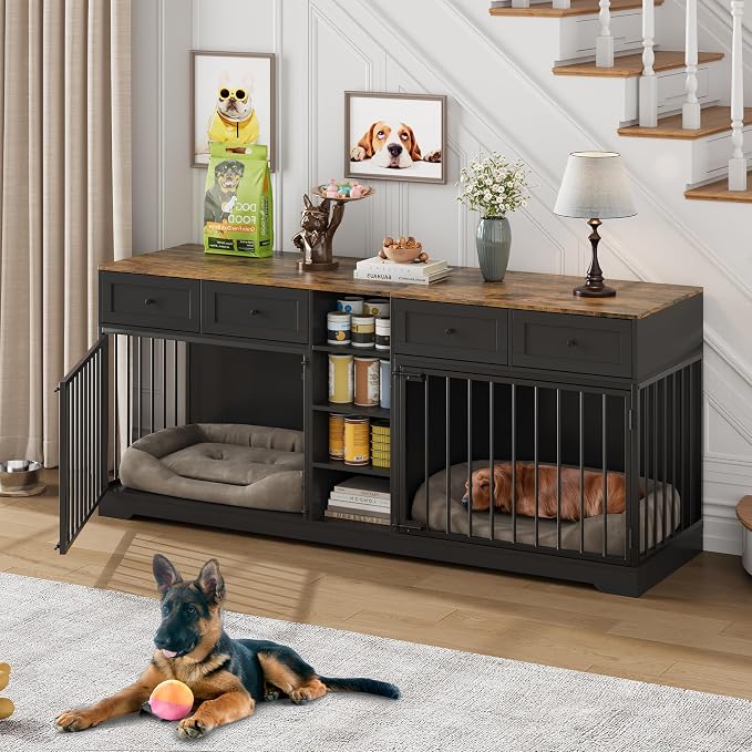 Dog Crate Furniture for 2 Dogs, Double Dog Crate TV Stand, Black | 82" Large Dog Kennel Indoor with 4 Storage Drawers and 4 Shelves, Suitable for Small, Medium and Large Dogs