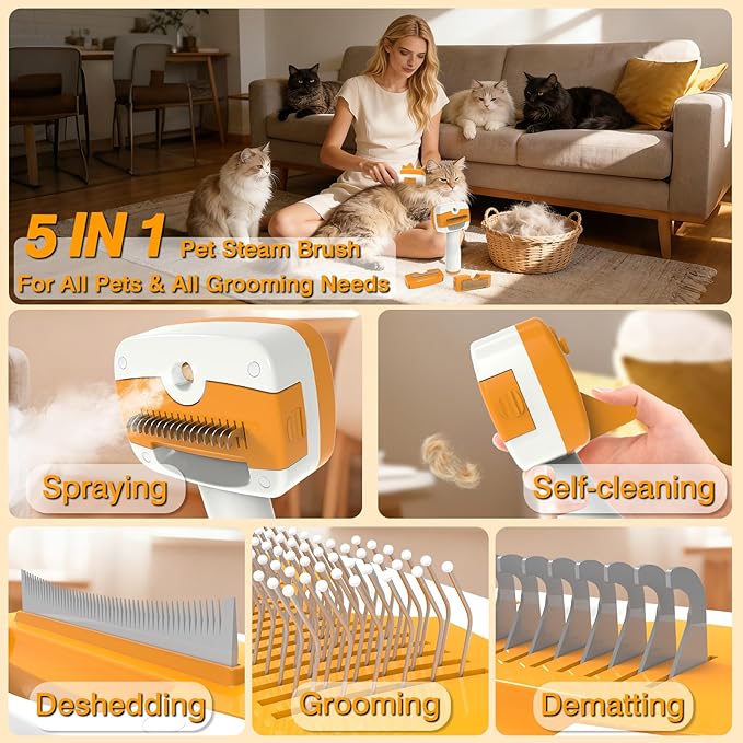 Cat Steam Brush,5-in-1 Self-Cleaning Steam Cat Brush with 3 Swap-in Heads (Grooming,Dematting,Deshedding),Spray Hair Removal Comb for Softens Fur & Reduces Static,Includes Waterless Shampoo