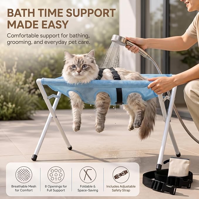 Cat Bathing Hammock, Stainless Steel Foldable Pet Bathing Stand with Restraint Straps, Multi-hole Anti-Scratch Washing Holder Station for Easy Feline Washing & Nail Trimming, Supports up to 40lbs，Pink