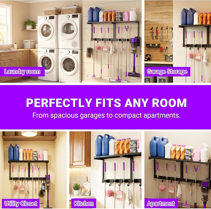 Heavy Duty Broom Holder Wall Mount, All-Metal Mop Rack with Storage Shelves | Space-Saving Cleaning Supply Organizer with Hooks Keeps Mops, Brooms and Tools Handy in Laundry Rooms, Garages and Kitchens