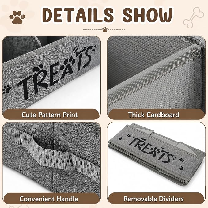 Pumtus Collapsible Dog Treat Container, Fabric Pet Food Box with Handle & Removable Divider, Countertop Cat Snack Storage Organizer, Large Pet Stuff Holder for Dog Treats Stick, Canned Food, Leashes