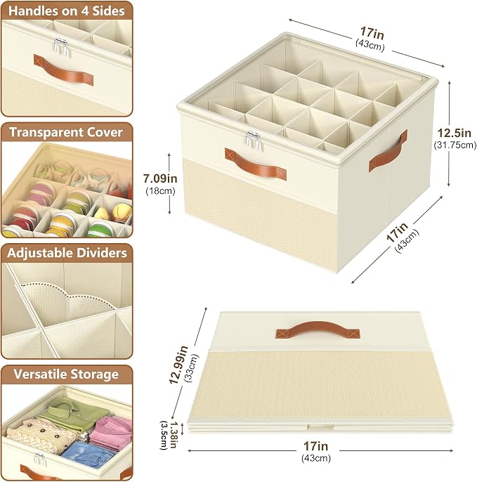 Shoe Organizer for Closet,2 Pack Foldable Shoe Storage Organizer Box Bin with Adjustable Dividers and Clear Cover, Fits up to 16-32 Pairs（Beige）