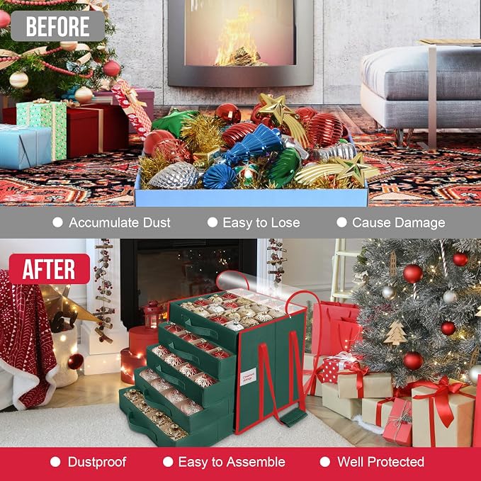 Christmas Ornament Storage Box,5 Tier Holds Up to 100-3” Holiday Décor | Xmas Ornament Organizer Container,Adjustable Dividers,Organizer Bin to Protect and Store Holiday Décor , 600D Oxford Fabric
