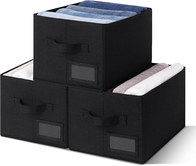 GRANNY SAYS Closet Storage Bins with Label, Black, Medium, 3-Pack | Foldable Storage Baskets, Fabric Storage Baskets for Clothes, Collapsible Storage Boxes with Handles