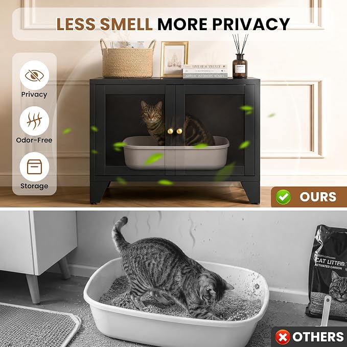 Metal Cat Litter Box Enclosure Furniture, Hidden Cat Washroom Cabinet with 2 Doors, Modern Pet Cabinet for Litter Box or Cat Bed, Dog Proof Indoor Cat House, End Table, Nightstand, Black