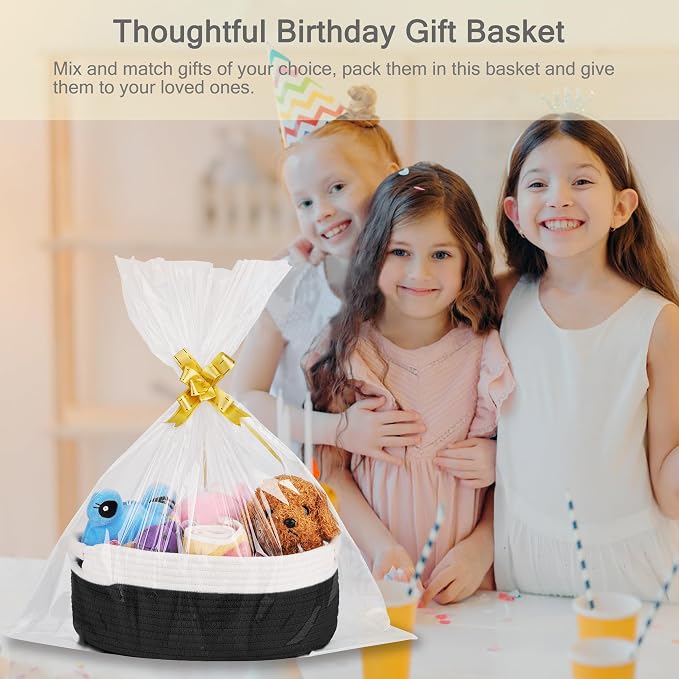 Small Woven Gift Basket with Bag & Ribbons, Black | Cotton Rope, 13”x 9”x 5.5”, Fits for Kids, Women & Men, Bedroom, Living Room, Nursery & Bathroom Storage, Cat & Dog Toy Boxes