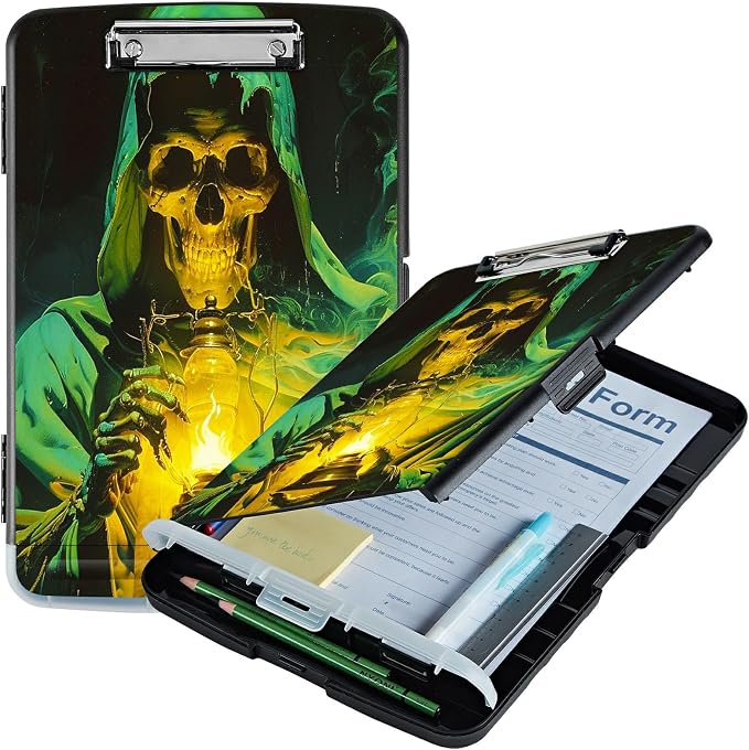 Green Skull Flame A4 Clipboard with Storage Pen Holder, Clipboards Organizer Nursing Clipboard Foldable File Folder Plastic Clipboard Folio Clip Board for Office Students Classroom Doctor