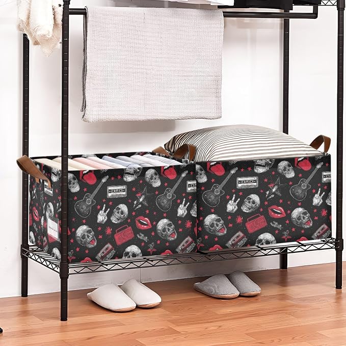 Music Rock and Roll Skulls Storage Basket Foldable Cube Storage Bins with Handles&Label Waterproof Collapsible Organizer Box Bin Large Rectangle Decorative Baskets for Shelves Home Room Laundry
