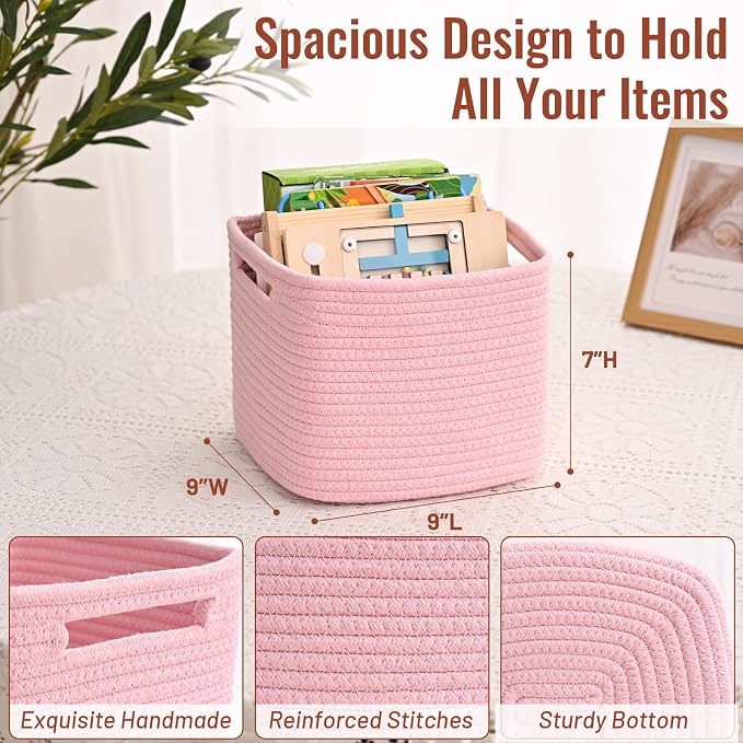 3 Pack Cube Storage Bin, 9”x9”x7” Cotton Rope Woven Baskets for Organizing Toys Clothes Towels, Square Gift Storage Baskets for Shelves, Nursery, Closet, Bathroom, Pantry (Pink)