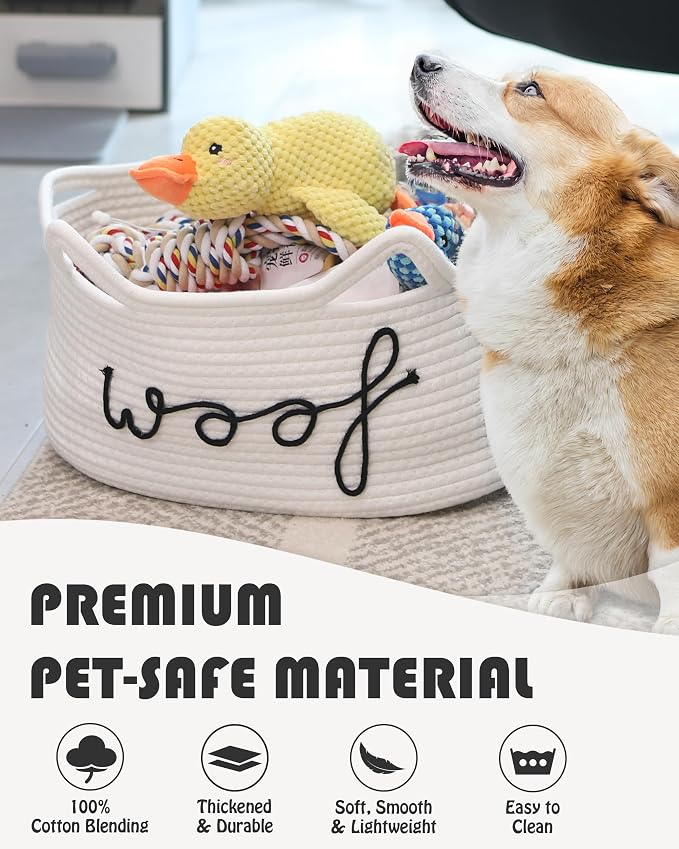 Sea Team Dog Toy Storage Basket with Handles and Ears, White Woof | Large Cotton Rope Storage Bin, Shelf Basket, Organizer for Pet Chew Toys, Foods, 16.5 x 11 x 7 Inches, 4.4 Gallons