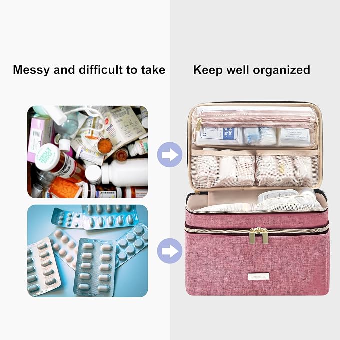 Lexeeco Travel Medicine Pill Bottle Organizer Bag with Portable Small Pouch | Medication Case with Lockable Zipper for Pill,Vitamin,Medicine Storage Box for College Dorm Student,Home,First Aid Bag Empty