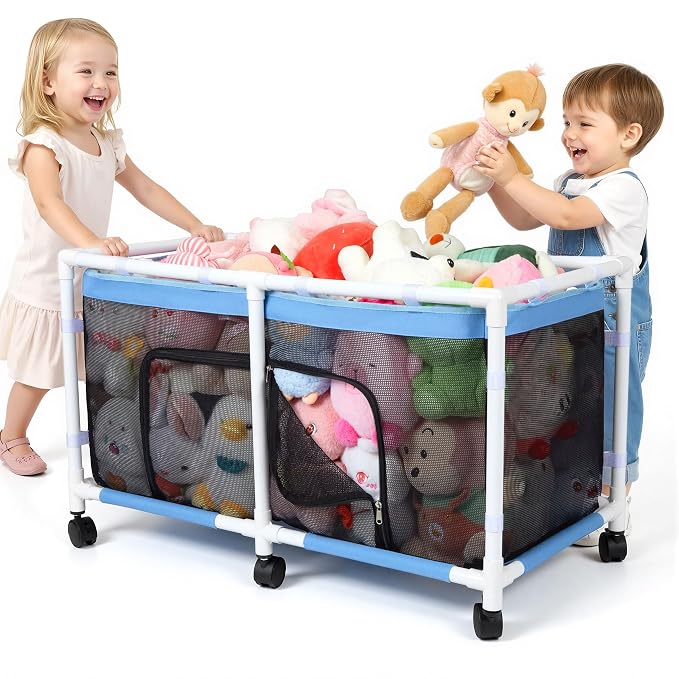 FIOBEE Toy Box for Girls Boys with See-Through Mesh & 360° Rotating Wheels | Kids Toy Chest Organizer, Stable Structure & Easy Install, Extra Large Storage Bin for Clothes, Ball, Pet Toys, Swimming Ring