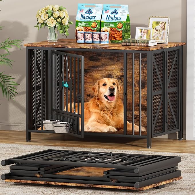Easycom Foldable Large Dog Crate Furniture, 41.3" Assembly-Free Dog Crates for Large Dogs, Wooden Dog Kennel Indoor with Tag & Dog Bowls, Dog Cage Use as TV Stand, Rustic Brown | Foldable Large Dog Crate Furniture for Large Dogs, Wooden Dog Cage Use as...