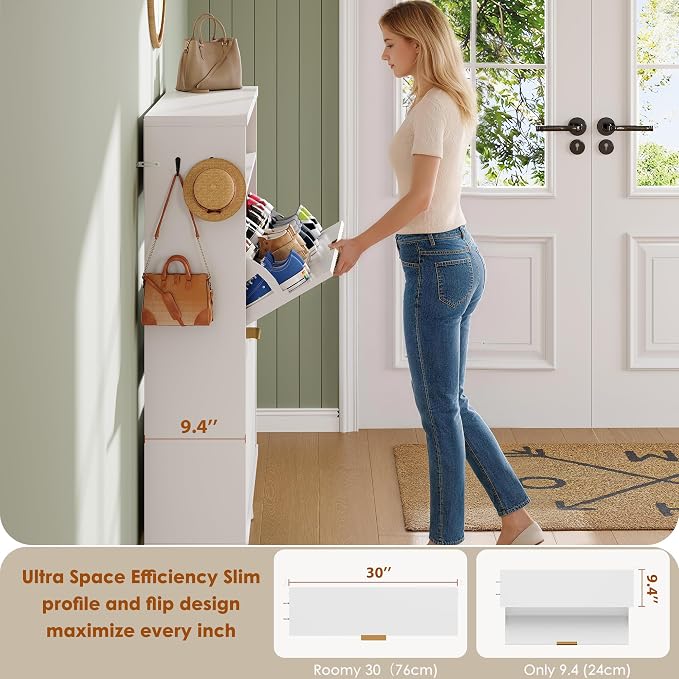 Shoe Storage Cabinet with 2 Flip Drawers for Entryway,Fluted Door | Narrow Shoe Storage Organizer Rack, Hidden Shoe Cabinet with Adjustable Shelves for Entryway, Hallway, Living Room,White