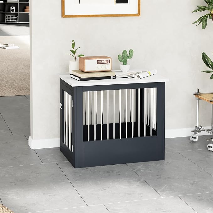 30" Wooden Dog Crate Furniture,Medium Kennel Pet Cage End Table for Indoor | for Small Medium Dogs, Grey and White, Fits Living Room Bedroom, Heavy Duty Steel Frame with Lock 45 lbs Cap, 100 lbs Top.