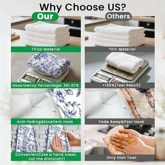 CUTHOLLOW Chinese-Style Flowers Hanging Kitchen Towels with Loop, Set of 2 - Soft & Super Absorbent Microfiber Decorative Hanging Dish & Hand Towel, Tea, Coffee Towel for Kitchen Bathroom Oven Handle