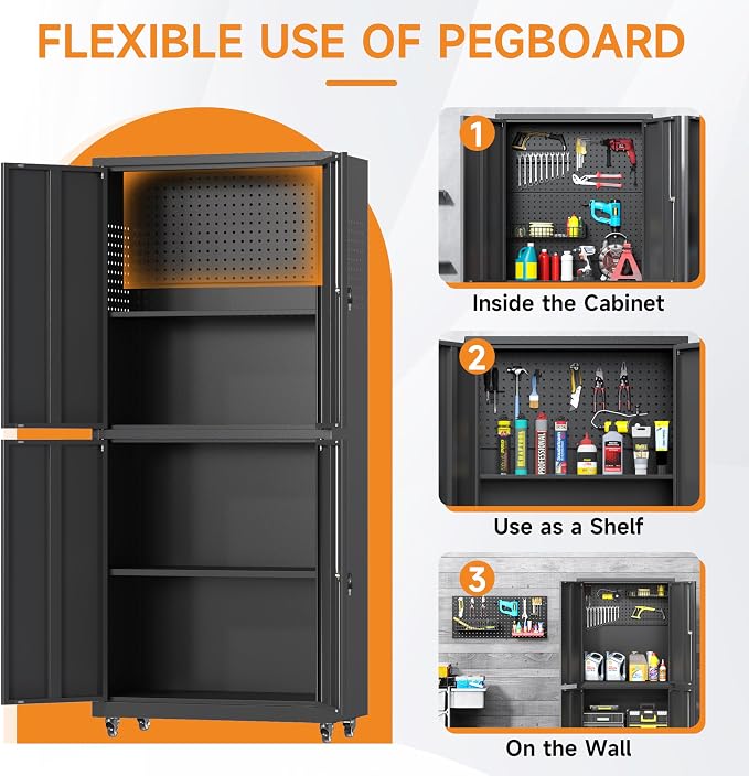 71" H Metal Tool Storage Cabinet with Lock and Wheels, Heavy Duty Garage Cabinet with 4 Doors and 2 Adjustable Shelves, Tool Organizer with Pegboard for Garage, Warehouse(Black, 71" H)