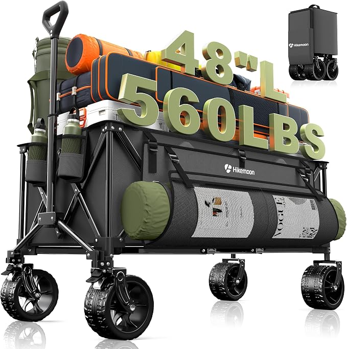 48'' Extra Large Collapsible Wagon with Big Wheels, 300L Grey | 560LBS Heavy Duty, Wagons Carts Foldable, All-Terrain, Brakes, Folding Cart, Utility for Beach/Camping/Garden/Sports/Grocery