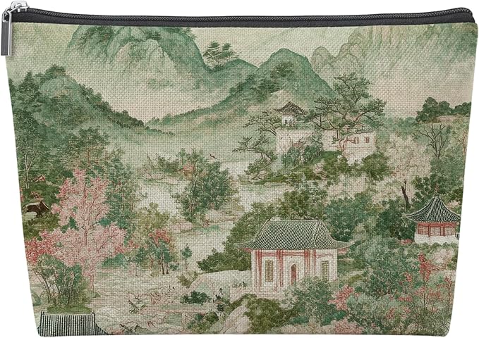 Green Chinoiserie Empty Mahjong Tile Bag 13x7.8 Inch, | Chinoiserie Portable Travel Case Organizer Zipper Pouch for American Mahjong Tiles Game Night Accessories and Gifts