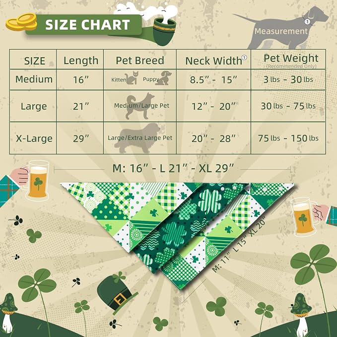 Dog Bandana for St. Patricks Day Patchwork Shamrock - Pet Scarf with Adjustable Snap Button Cute Lucky Holiday Costumes for Irish Festivals, Small & Medium Breeds (5-30lbs)