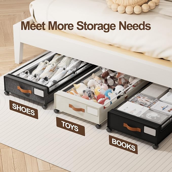 LAMU Under Bed Storage Containers with Wheels, 2 Pack, Hemp Grey | Smooth-rolling Wheels, Clear Lid & Label, Sturdy Metal Frame, Easy Install, Rolling Storage Drawers for Clothes, Shoes, Toys