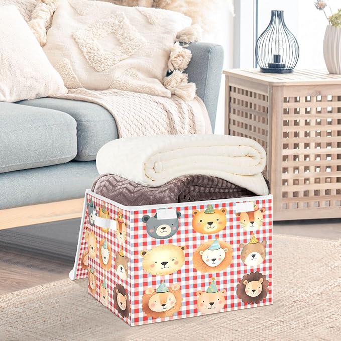 Zoo Lion Fabric Storage Bins with Lid Foldable Storage Boxes 40L Baskets | Decorative Storage Boxes, Dust-Proof Flip Top, Reinforced Handles, For Home & Bedroom, Clothes & Toy Box, Zoo Fabric Print