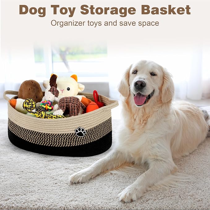 Optish 40L Extra Large Dog Toy Basket, XL Toy Storage Box and Bin with Handles, 20" x 14" x 9" Woven Cotton Rope Foldable Basket for Blankets, Living Room, Bedroom, Home Decor, Black & Brown
