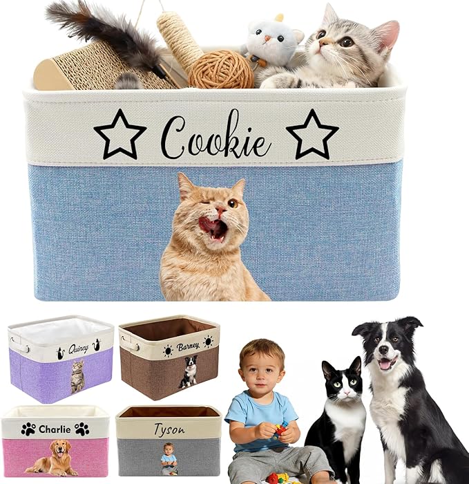Personalized Dog Toy Storage Basket Custom Pet Storage Bins with Name Photo Collapsible Organizer Box Customized Baby Basket Container for Dolls Toys Coats Clothing Blue