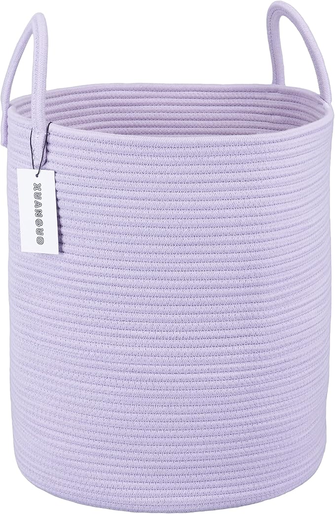 XUANGUO Rope Laundry Basket Hamper for Clothes Large Purple or Lavender | Baby Nursery Hamper Bin and Woven Storage Basket for Living Room Bedroom Boho Tall Rope Baskets Blankets Toys Pillows Towels