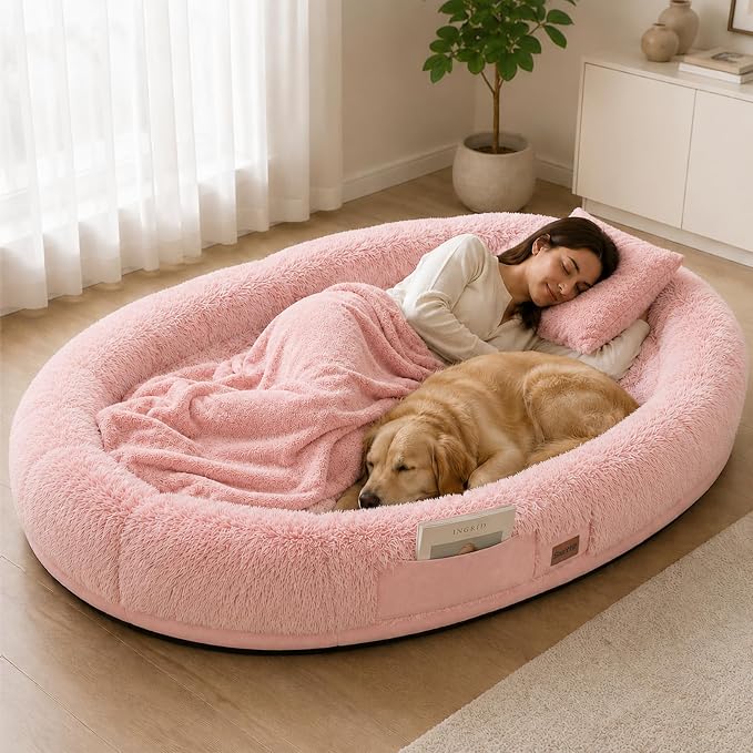 Human Dog Bed for Adult, 71"x48" Large Pet Dog Bed, Pink | Adult Dog Bed for Humans with Pillow & Blanket, Fluffle Cloud Dog Bed with Orthopedic Foam Bolster, Durable Zipper, Portable