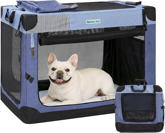 Gardner Pet Soft Collapsible Dog Crate - 26 Inch Portable Travel Dog Crate for Puppy/Small Dogs Indoor & Outdoor, 3-Door Pet Crate with Durable Mesh Windows & Storage Bag, Blue