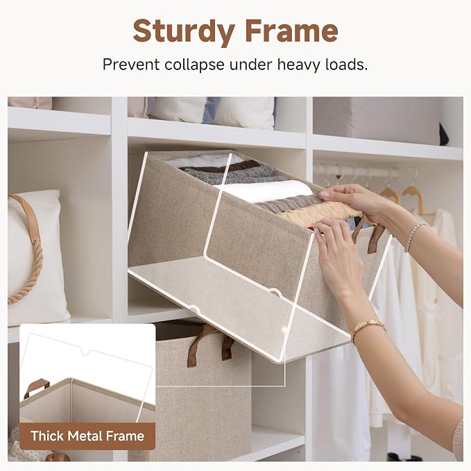 StorageWorks Fabric Storage Bins, Brown and Beige, Extra Large, 2-Pack | 45L, With Reinforced PU Handles, Metal Frame, Collapsible, Storage Basket for Shelves, Closet, Holds Clothes, Towels, Blanket