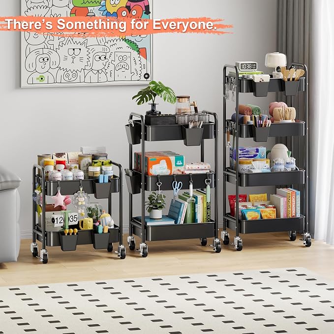 4 Tier Rolling Cart Metal with Wheels, Black Four Tiered Rolling Storage Cart on Wheels, Utility Roller Carts Organizer for Art, Craft, Baby Diaper Caddy, Snack, Book, Large-Capacity Shelving Units