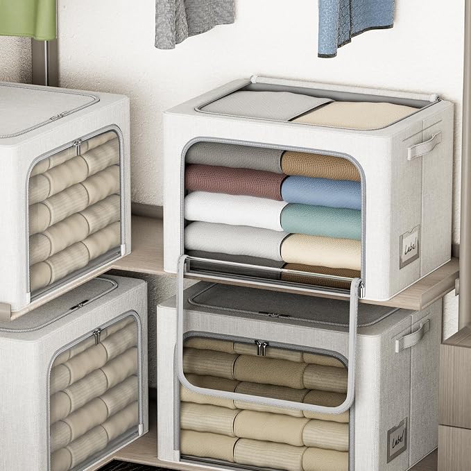 4 Pack Clothes Storage Bins with Metal Frame - 22L Stackable Storage Box with Lid，Foldable Storage Container Organizer for Clothes，Linen Fabric Storage Box with Clear Window＆Zippers＆Handles