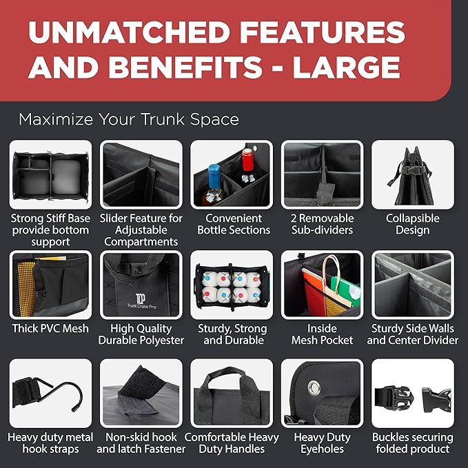 Car Trunk Organizer for SUV & Truck Cargo Storage, Large, Black | Fits Cars, SUVs & Trucks 4 Adjustable Compartments Non-Slip Base & Straps Foldable 11 Pockets Car Accessories