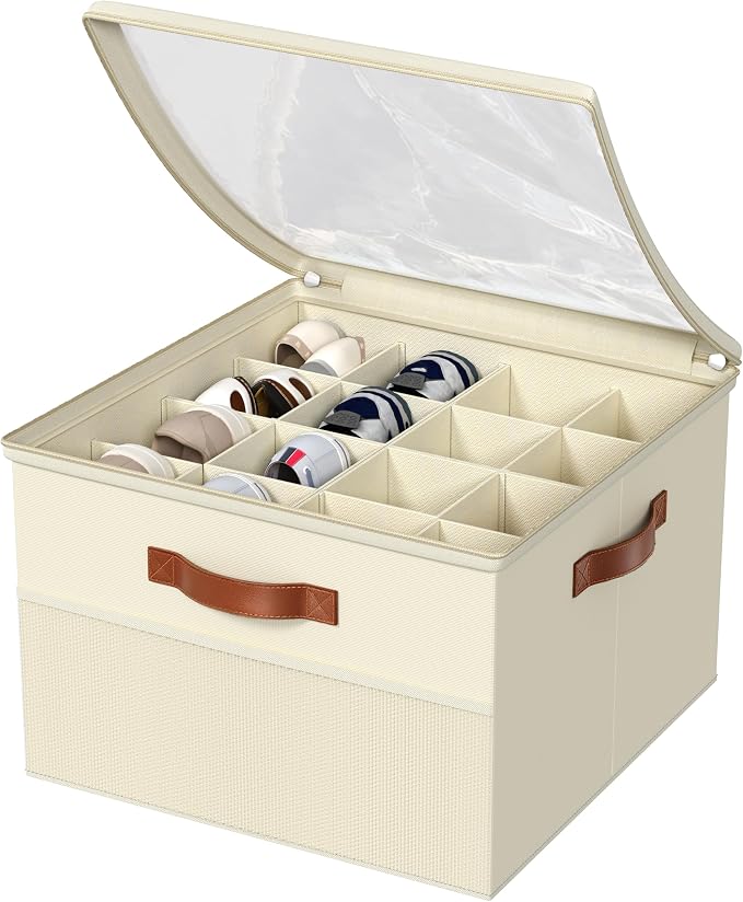 Shoe Organizer for Closet,2 Pack Foldable Shoe Storage Organizer Box Bin with Adjustable Dividers and Clear Cover, Fits up to 16-32 Pairs（Beige）