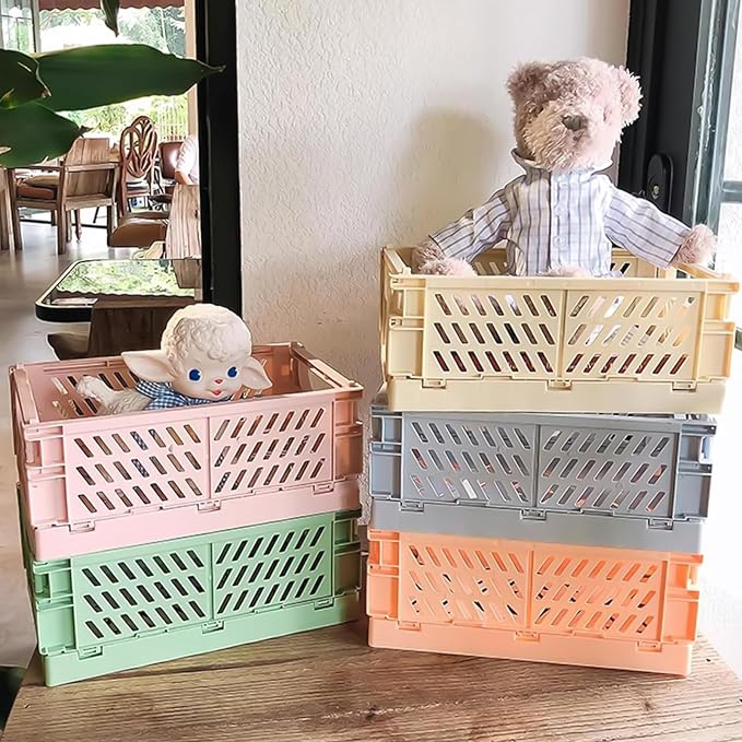 Tobeso-Nuoze Small Pastel Plastic Storage Bins 2Pcs Foldable Pastel Crates | Basket Colorful Storage Containers Baskets for Classroom Kitchen Office Bedroom Desktop Home Decor (Green 9.8" x 6.5" x 3.8")