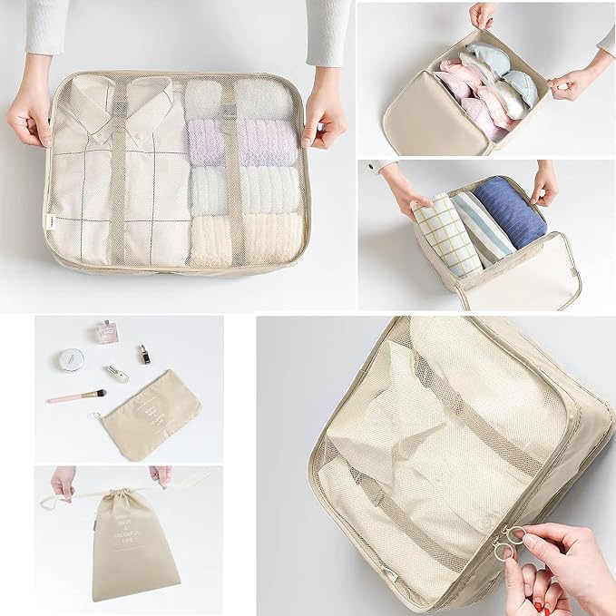 LANSKLBD 6/8 Set Packing Cubes for Suitcases Travel Luggage Packing Organizers,Travel Accessories Essentials Luggage Organizer with Shoe/Tioletry/Laundry Bag (Beige, 6 set)